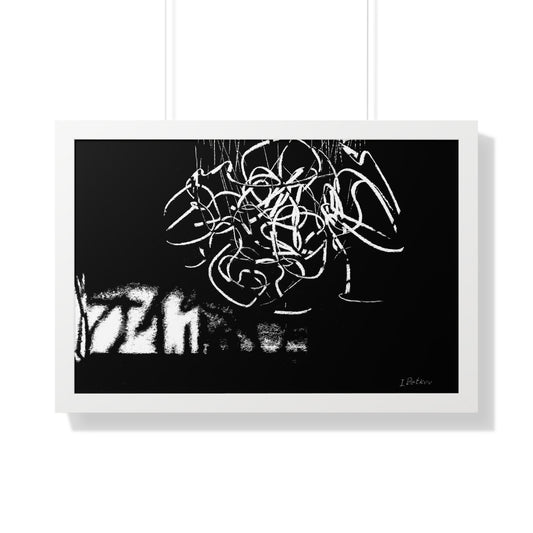  black and white pastel drawing featuring abstract white elements on a black background.