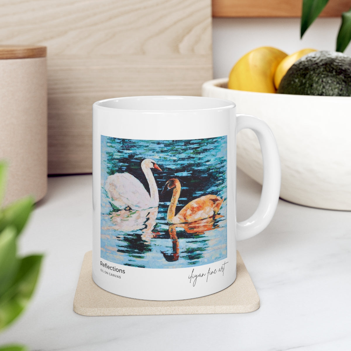 Ceramic Mug 11oz - Swans on Lake with Reflections