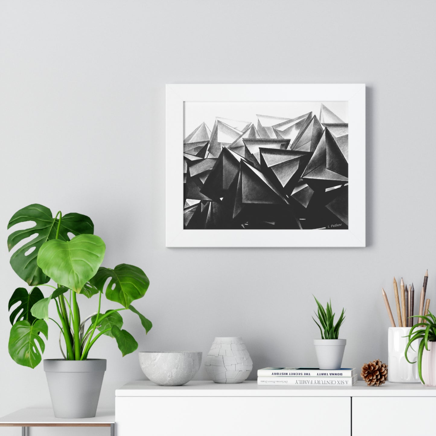 A Structure Rises - Framed Poster Print, Wall Art, Charcoal, Abstract Black and White Decor