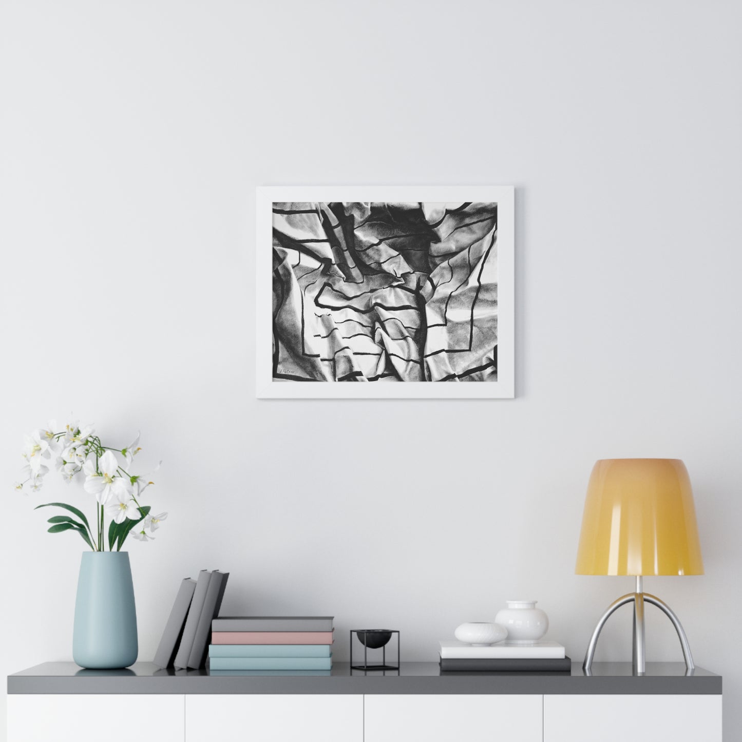 Folding Structure I - Framed Poster Print, Wall Art, Charcoal, Abstract Black and White Decor