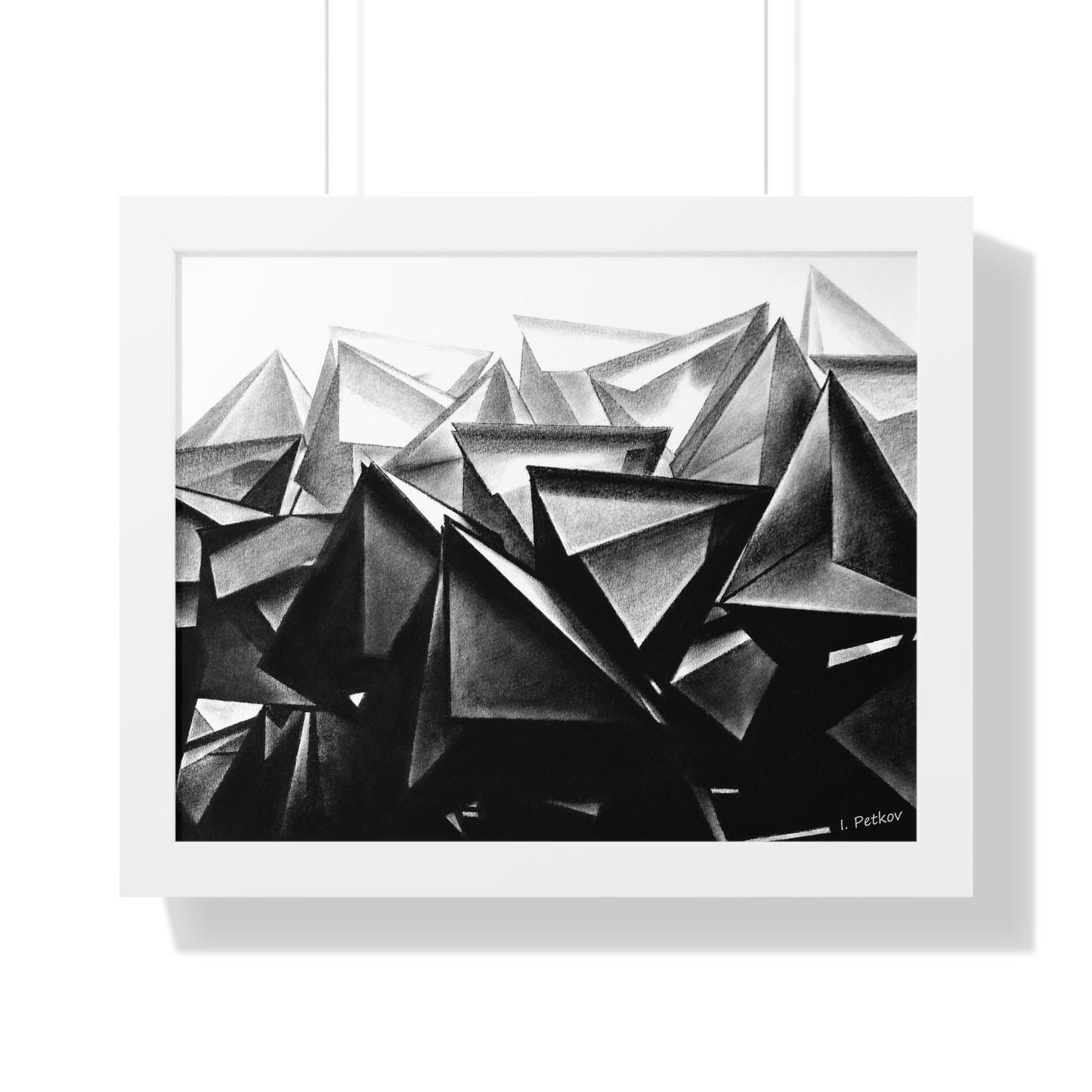 A Structure Rises - Framed Poster Print, Wall Art, Charcoal, Abstract Black and White Decor