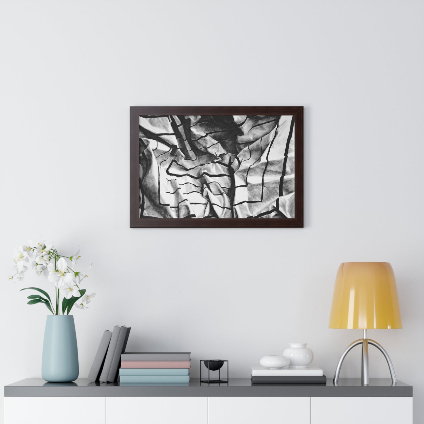 Folding Structure I - Framed Poster Print, Wall Art, Charcoal, Abstract Black and White Decor