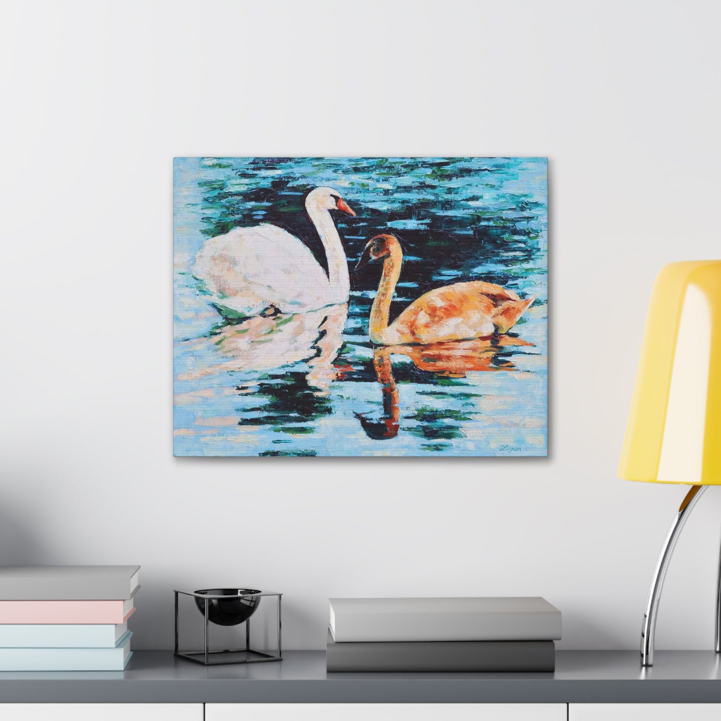 Swans on Lake with Reflections - Canvas Print