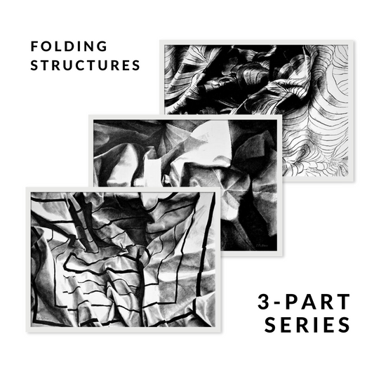 Folding Structure Art Series - Set of 3 Black and White Pastel Drawings