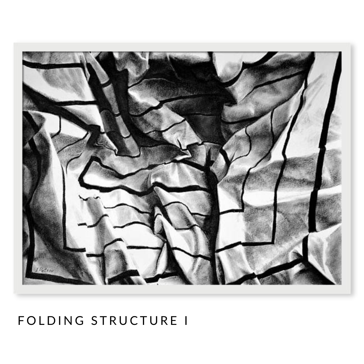 Folding Structure Art Series - Set of 3 Black and White Pastel Drawings