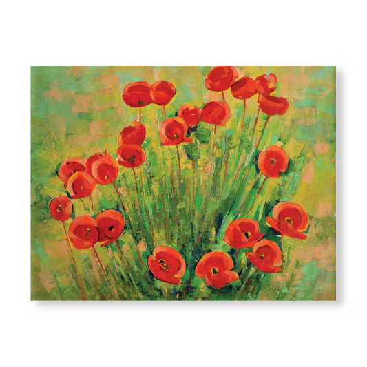 Poppies is an oil painting of vibrant red poppies on a bright green grass background