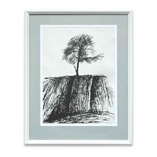 Pen and ink Drawing with a single tree on a hill