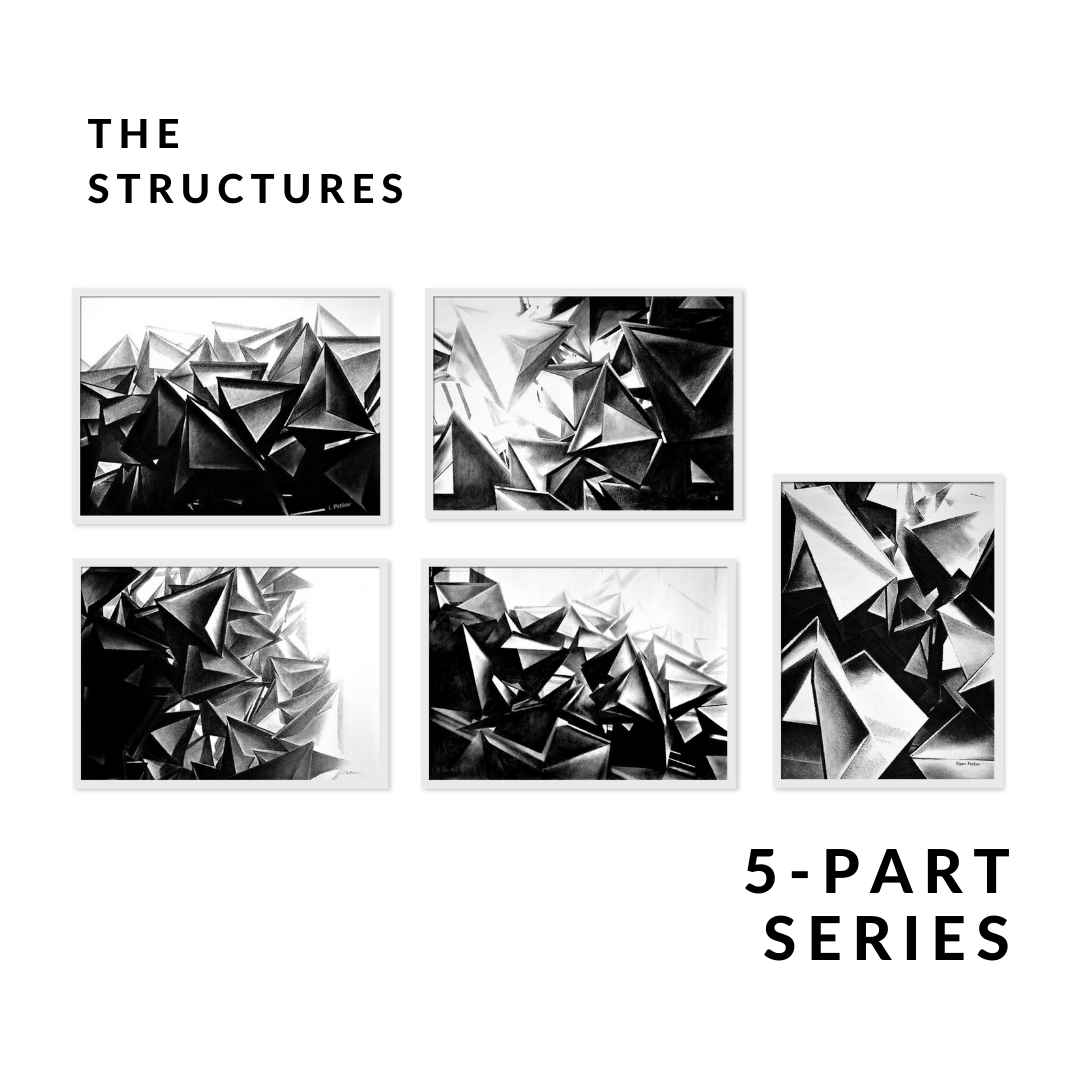 The Abridged Structures Art Series - Set of 5 Black and White Pastel Drawings