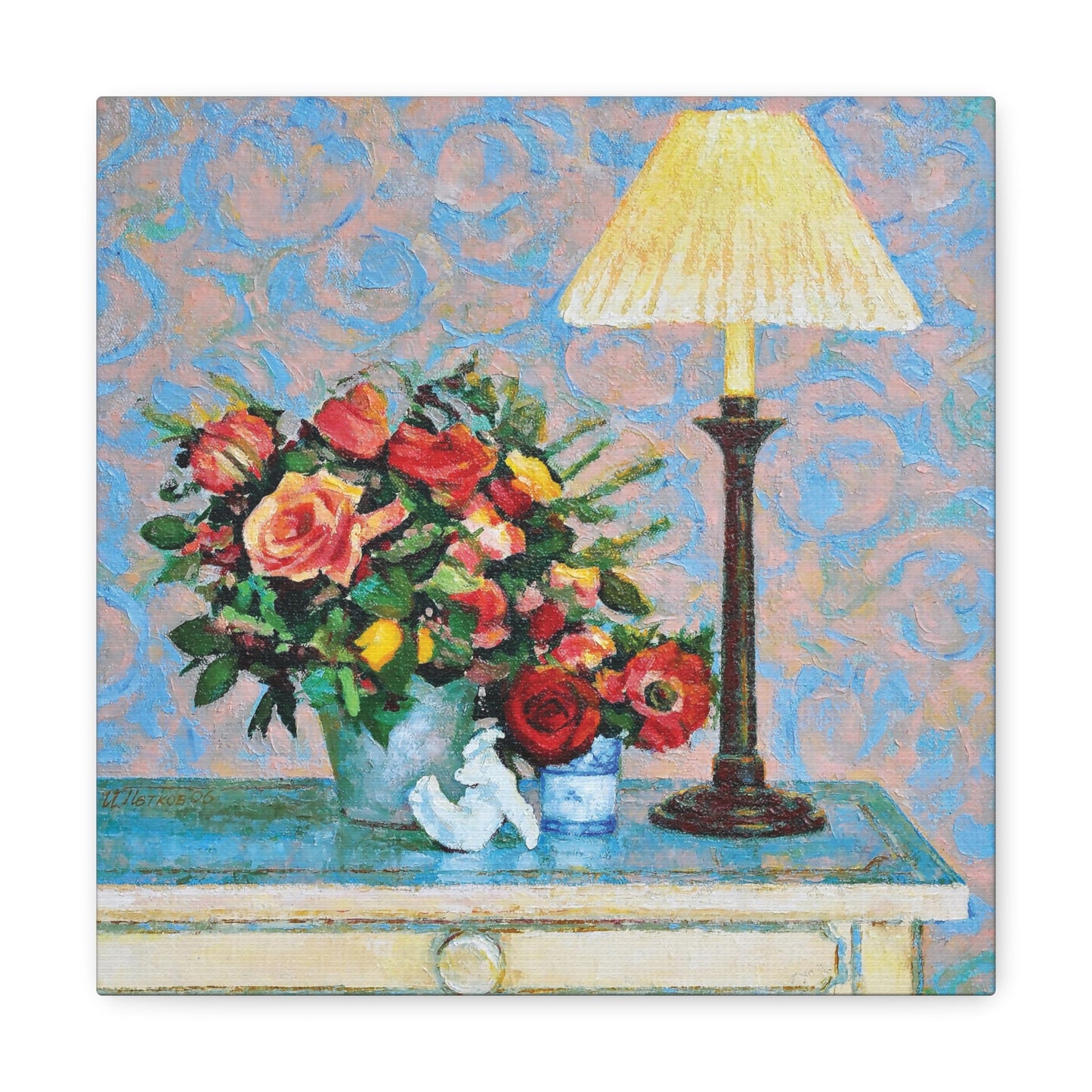 Red Roses and Yellow Lamp Still Life - Canvas Print