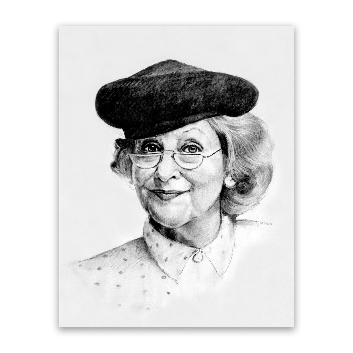 Black and white charcoal portrait of an elegant older woman with short, wavy silver hair, half-moon glasses, wearing a white shirt with polka dots and a black beret.