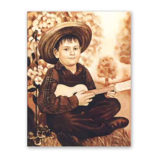 Sepia oil portrait of a boy playing the ukulele while sitting cross-legged. The boy is wearing a sombrero, a flannel plaid shirt, dark pants, and leather shoes. He is sitting on the grass. There are flowers and trees in the background.
