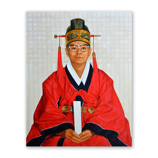 Oil portrait depicting a Korean judge wearing a traditional red robe, and a gold-and-red traditional headdress with a long red tassel on each side. He is sitting down and holding a piece of paper. Asian man with large dark-rimmed glasses and silver hair. The portrait has a light beige background with a grid pattern.