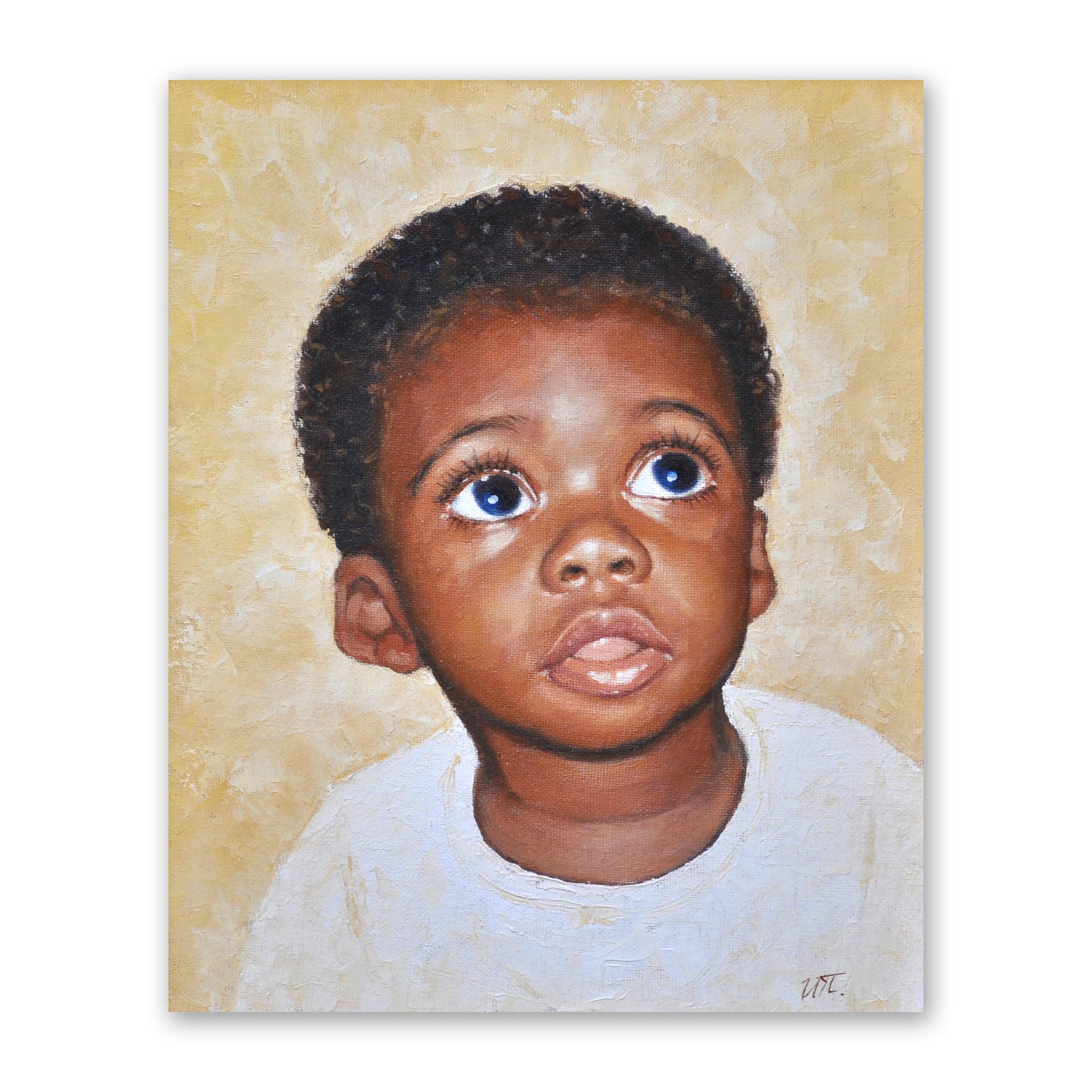 Oil portrait of a child - a little African Black boy with short hair and adorable big round eyes, on a yellow-gold background. The boy is wearing a white shirt. He is looking a bit upward, with an expression of awe and wonder.