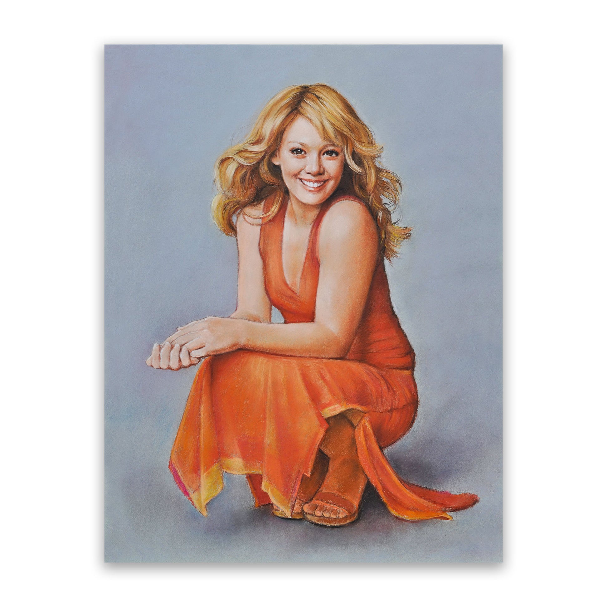 Pastel portrait of a beautiful, fair-skinned woman with dark eyes, wearing an orange dress. The woman has blonde, wavy hair and brown eyes. The dress has a v-neck, wide straps, a slit in the long skirt.  The woman is posing in a crouching position, bare arms placed on her knees. She is smiling at the camera. The portrait has a gray background. She is smiling at the camera.