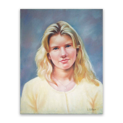 Pastel portrait of a blonde Scandinavian woman with dark blue eyes, wearing a light yellow shirt and a simple gold necklace, on a gray-green background.