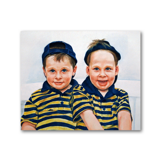 Pastel portrait of twin boys with bright blue eyes, fair skin, and brown hair. The boys are both wearing dark blue baseball caps and striped yellow-and-blue T-shirts.