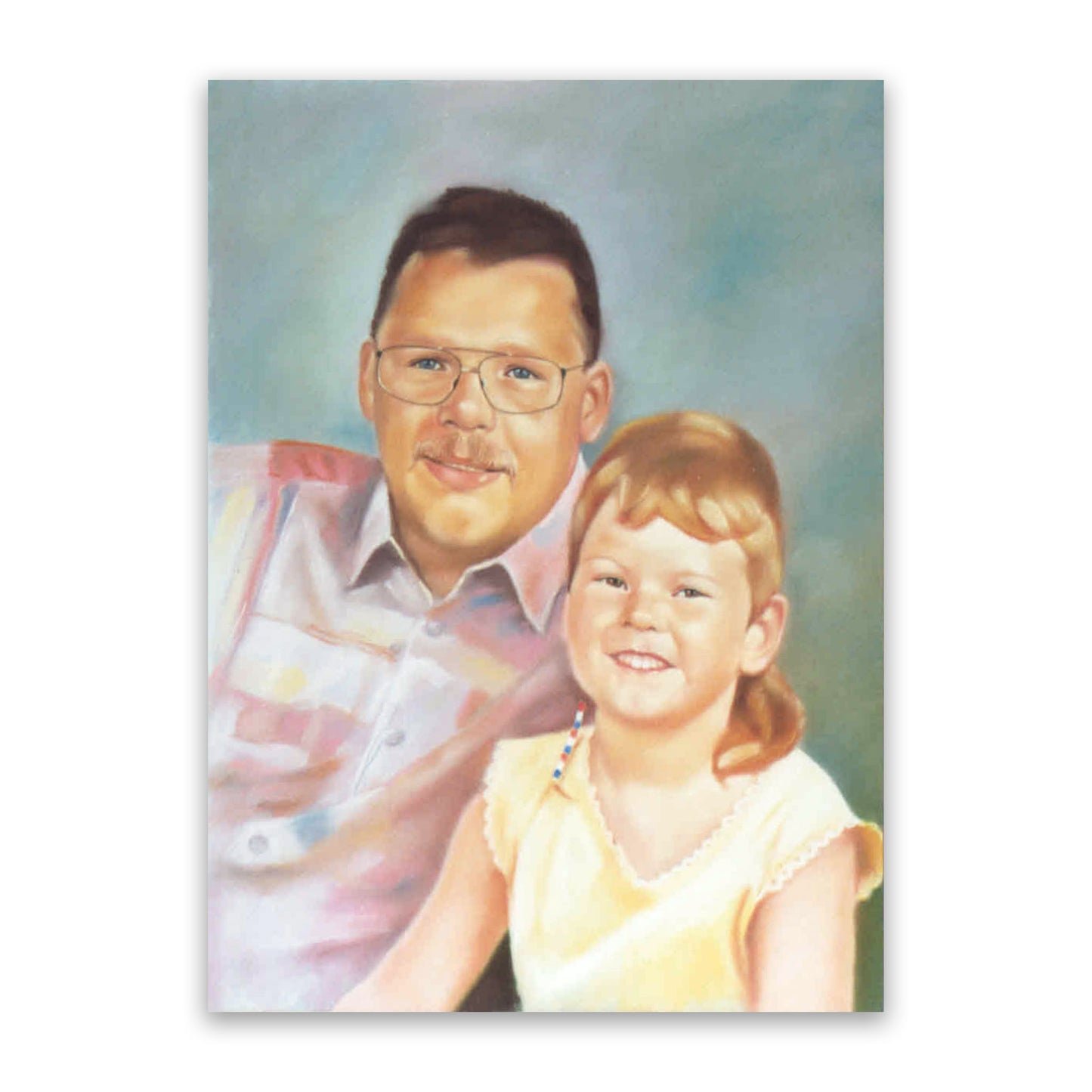 Family pastel portrait of a father and daughter. The dad is wearing a pink-white shirt and thin dark-rimmed glasses. He has blue eyes, brown hair, and a light moustache. The little girl has ginger hair, light brown eyes, and is wearing a light yellow dress. The portrait has a gray, blue, and green background where the colors blend together.