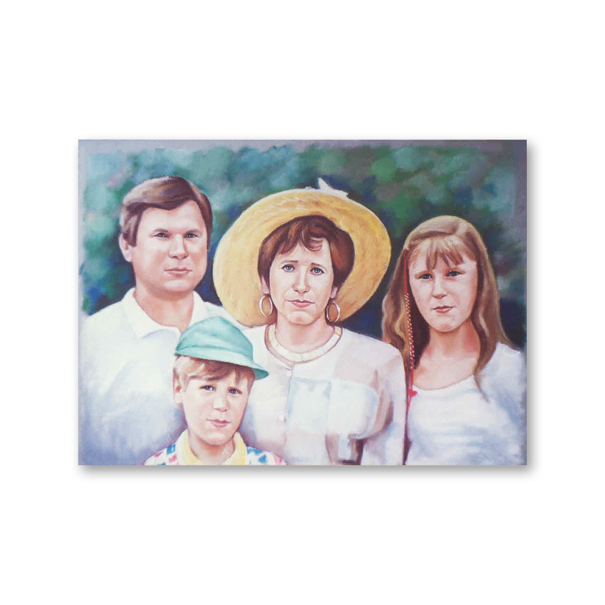 Family pastel portrait of four, of a mom and dad with eldest daughter and younger son, on a dark green background. Parents with their two kids – a boy and a girl. They are all Caucasian, light-skinned, with brown hair and brown eyes. The woman is wearing a straw hat, hoop earrings, and an elegant light pink top. The man and the girl are wearing white, and the boy is wearing a light green baseball cap.